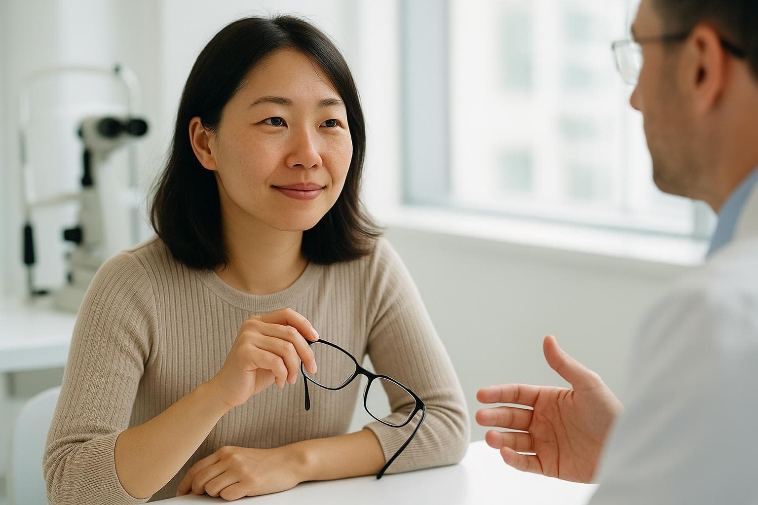 A woman holding her glasses listens to a doctor across a white desk in a bright consultation room, a slit lamp in the background