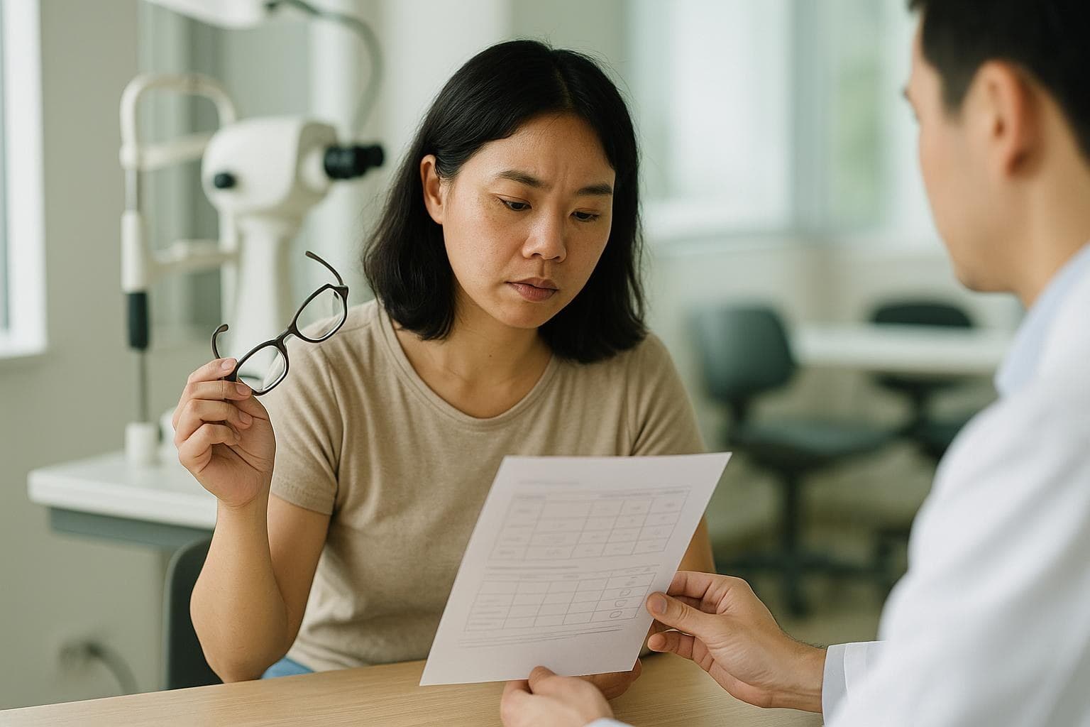 三十多歲的台灣女性在明亮的眼科診間,一邊看著費用說明表一邊與醫師討論人工水晶體選擇