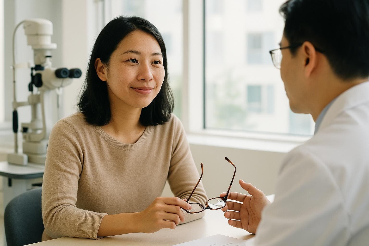 一位台灣女性在明亮的韓國眼科診所裡手拿眼鏡,神情從容地與醫師討論視力矯正的費用項目
