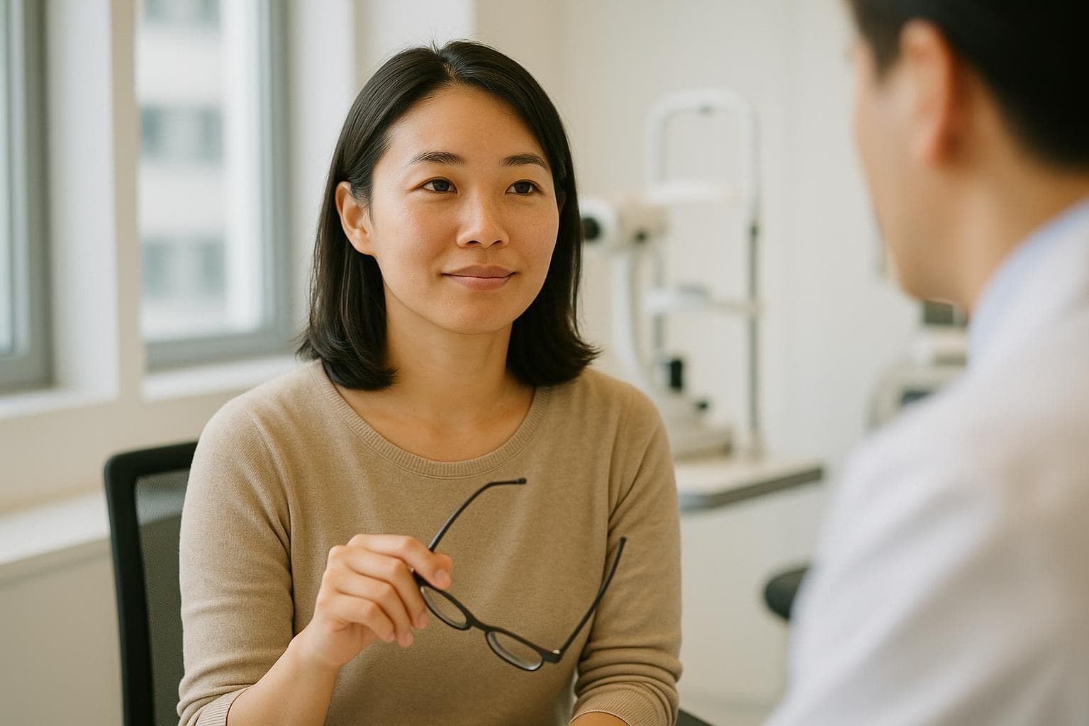 台灣女性患者在明亮的江南眼科診間,手拿眼鏡、專注聆聽醫師說明 LASEK 費用與檢查結果