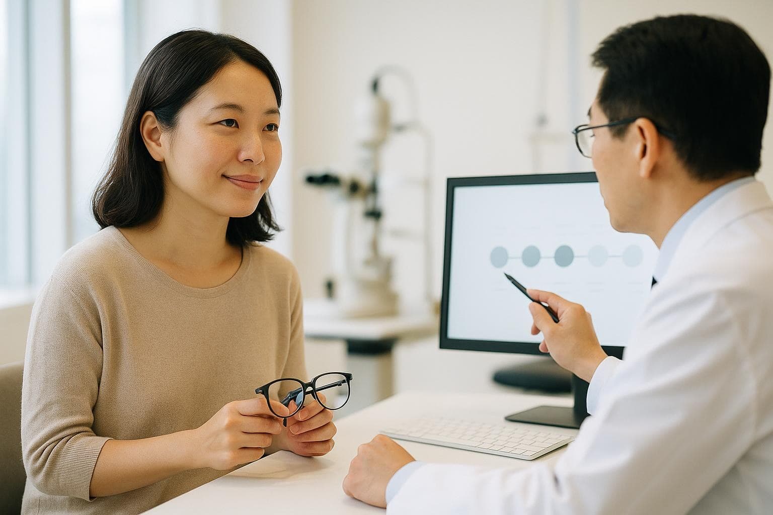 三十多歲的台灣女性在明亮的韓國眼科診間,聽醫師說明術後回診與搭機時間表,神情放鬆