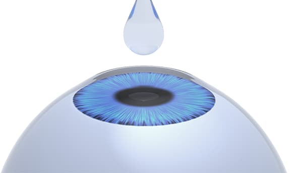 Illustration of a single clear drop falling toward the surface of an eye